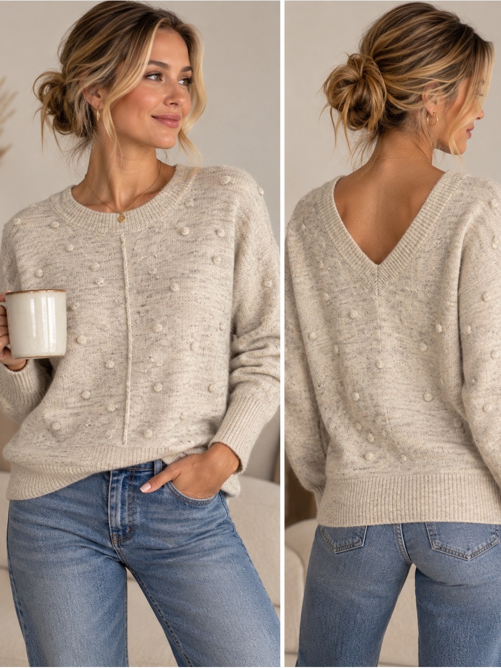 William Rast Alpaca Blend Bobble Knit Sweater L Reversible Crew V Neck Ivory